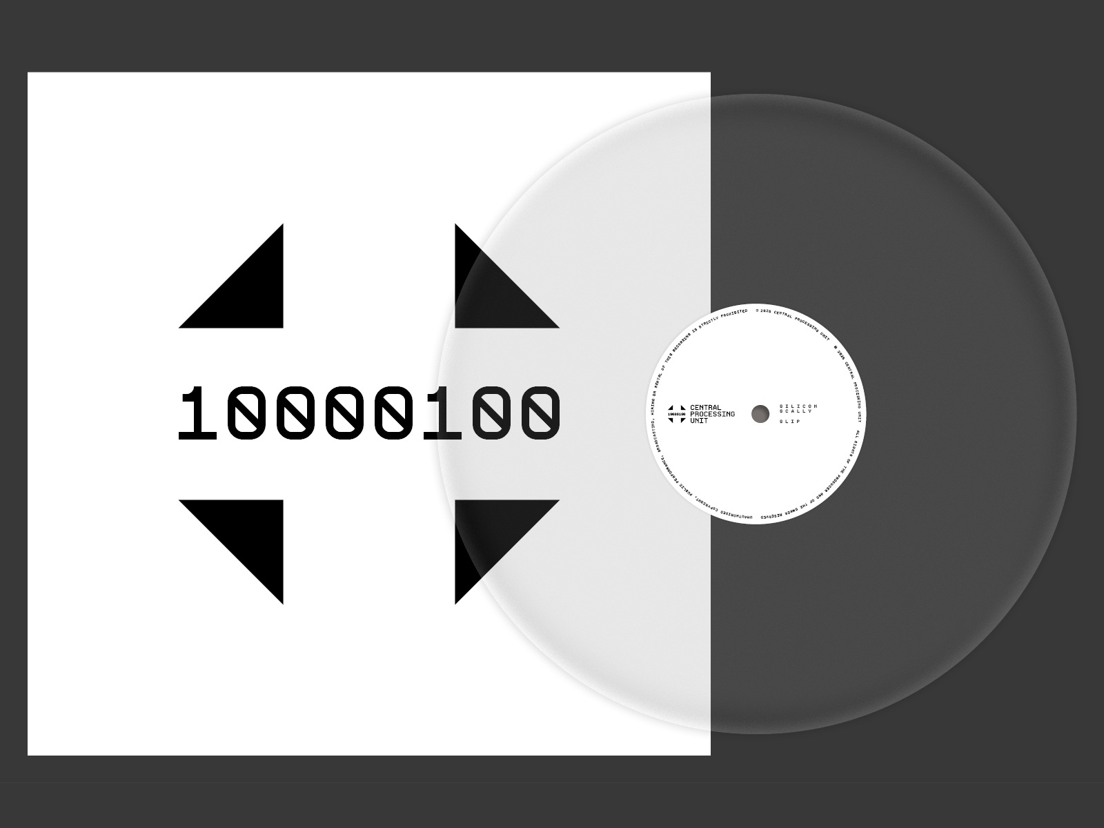 Vinyl record with a white label featuring black geometric shapes and binary code.