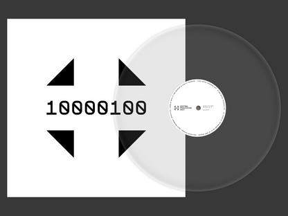 Vinyl record with a white label featuring black geometric shapes and binary code.