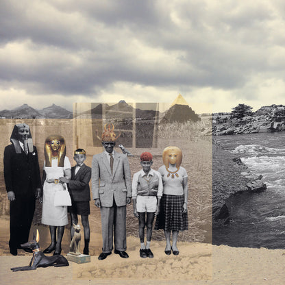 Collage of a vintage family with Egyptian pharaoh masks and artifacts against a textured desert and river background