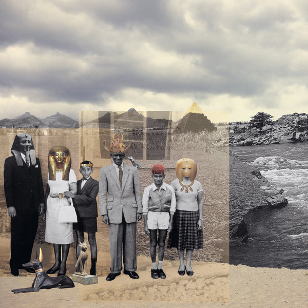 Collage of a vintage family with Egyptian pharaoh masks and artifacts against a textured desert and river background