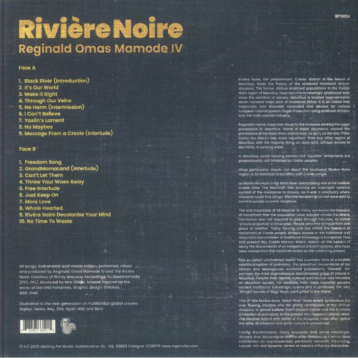 Rivière Noire Reginald Omas Mamode IV album back cover with tracklist and detailed regional history