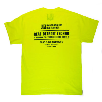 Safety yellow t-shirt with black 'Underground Resistance Real Detroit Techno' back print
