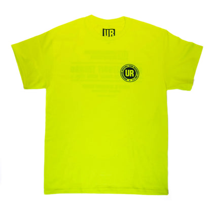Neon yellow t-shirt with UR logo patch on chest and tag inside collar