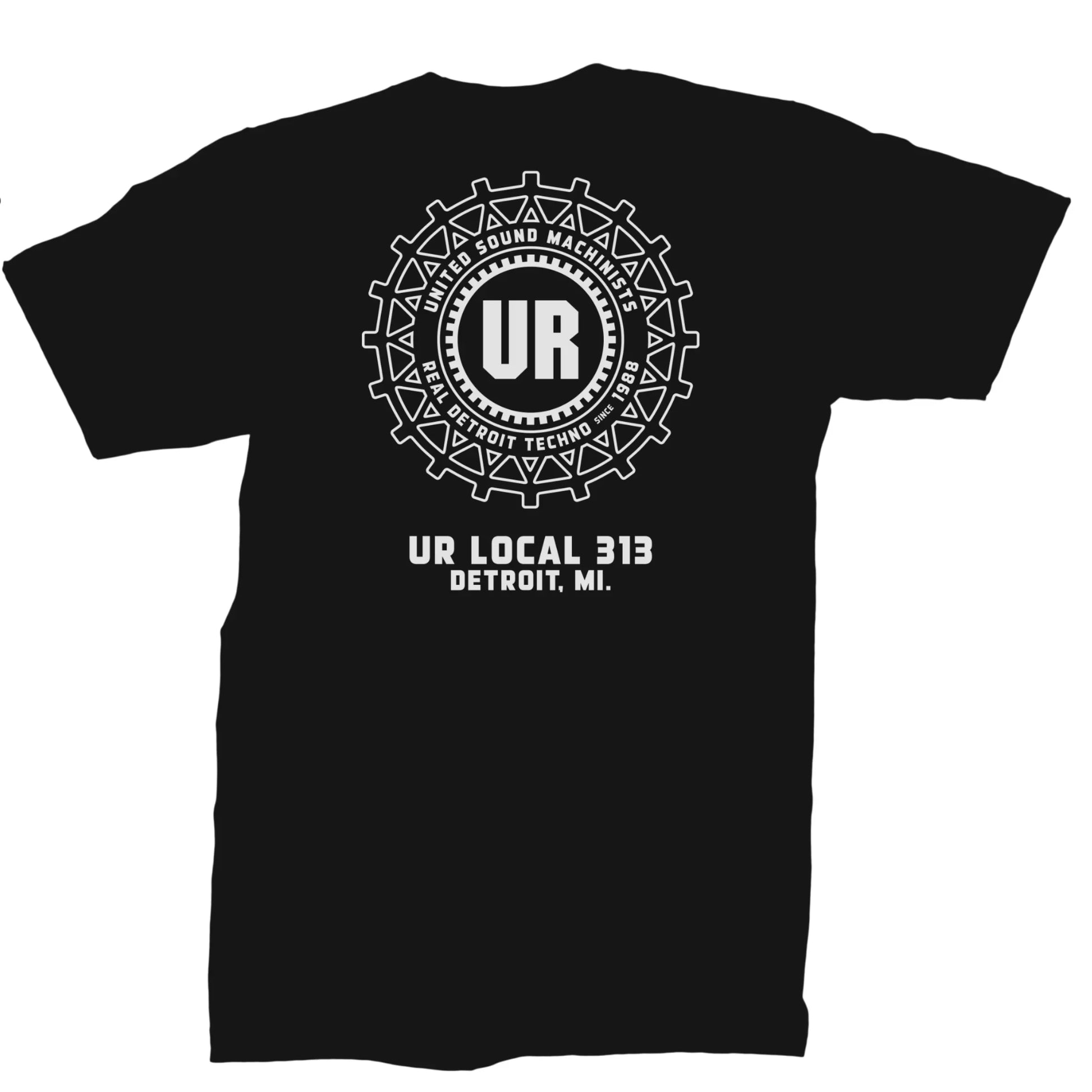 Black t-shirt with white UR Detroit techno graphic and 'UR Local 313 Detroit, MI.' text.